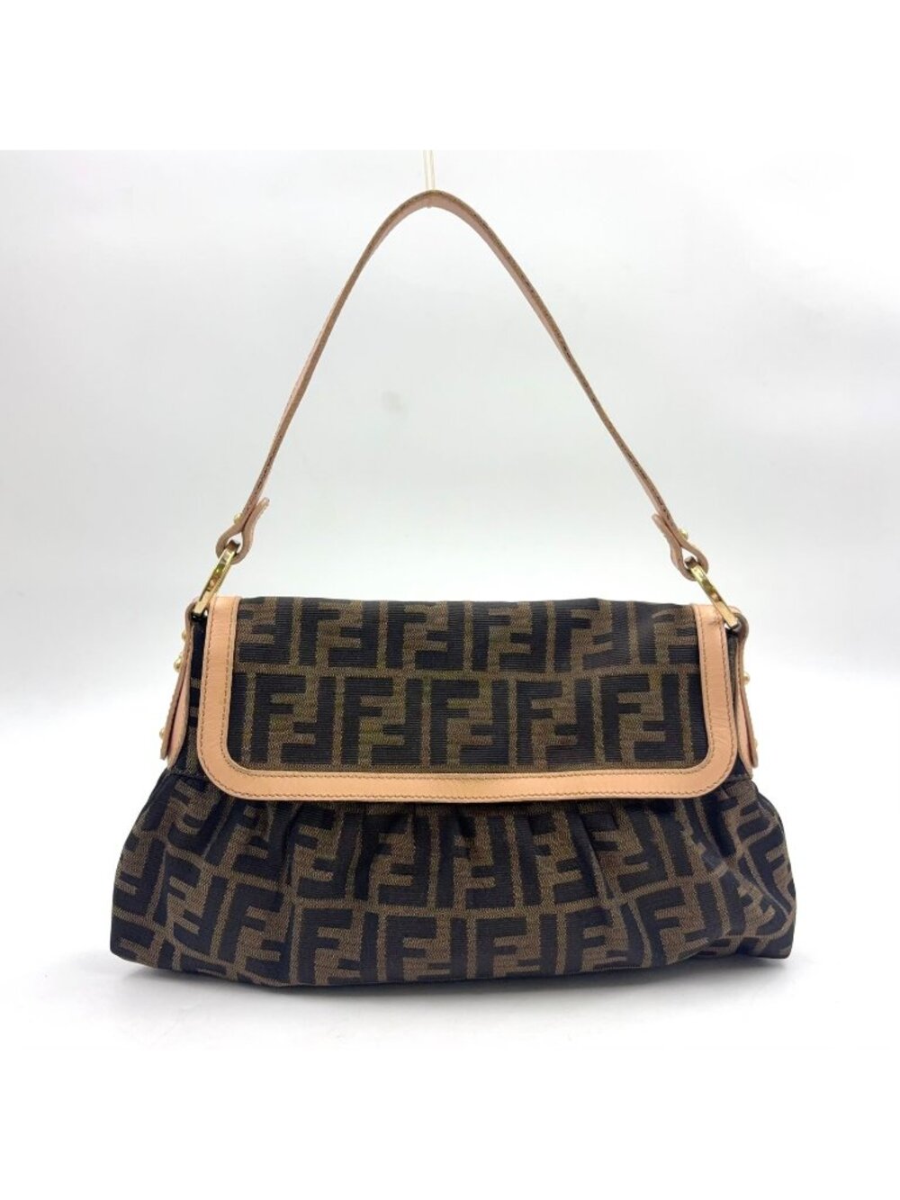 Fendi Zucca Pattern Leather Canvas Brown Beige Bag Gold